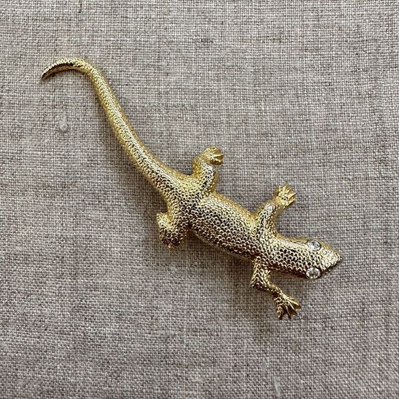 Vintage Lizard Salamander Gold Tone Brooch Clear Rhinestone Eyes Pin 2.75" - Picture 3 of 10